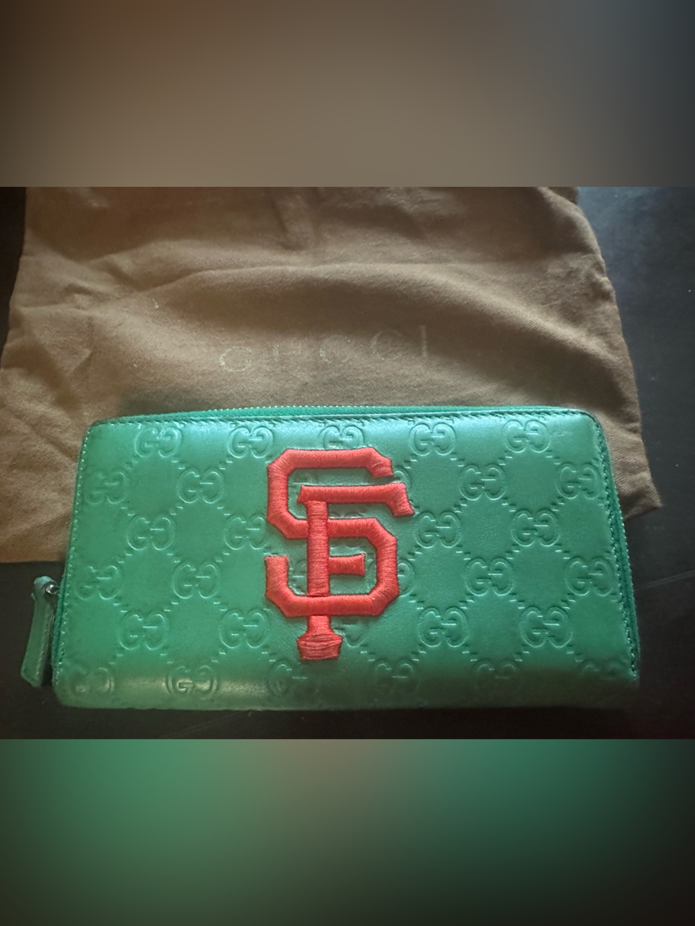 Green Gucci Embossed Wallet with Orange SF Giants Logo w/COA